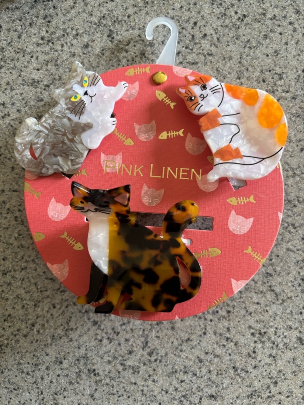 Pink Linen Cat Hair Clip Set - Multi-Color Acrylic Cats